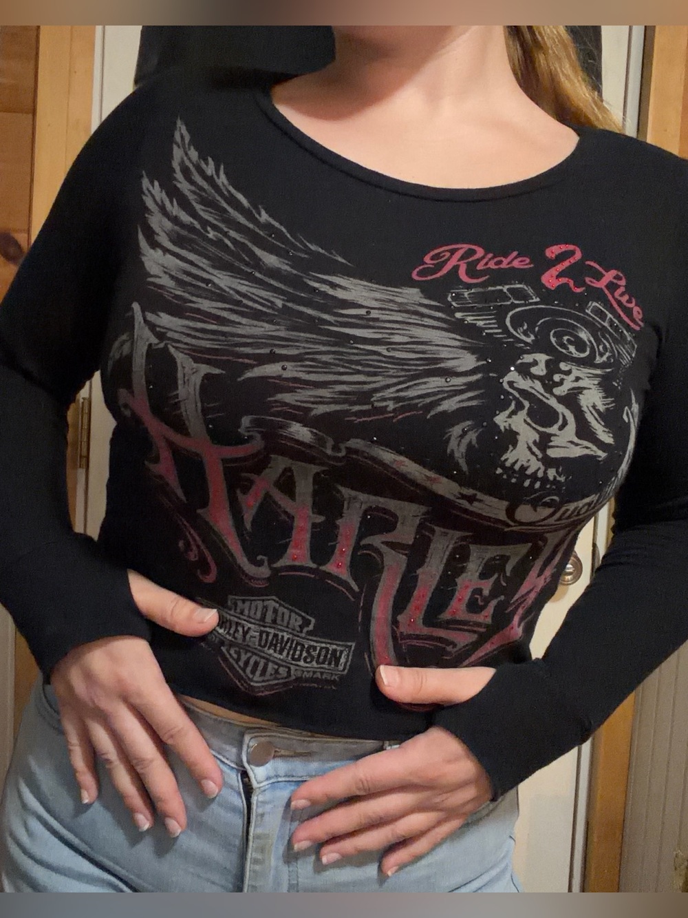 Harley Davidson Black Crop Long Sleeve with Hot Pink Graphic Rhinestones